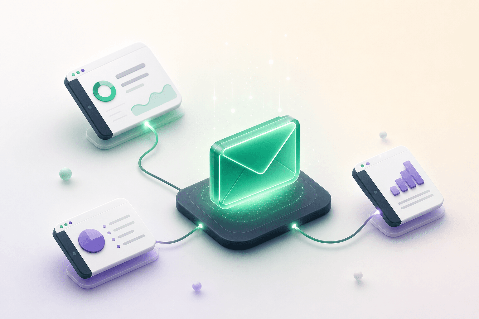 Illustration of several products linked to one email hub with subtle AI sparkles—multi-workspace email marketing.